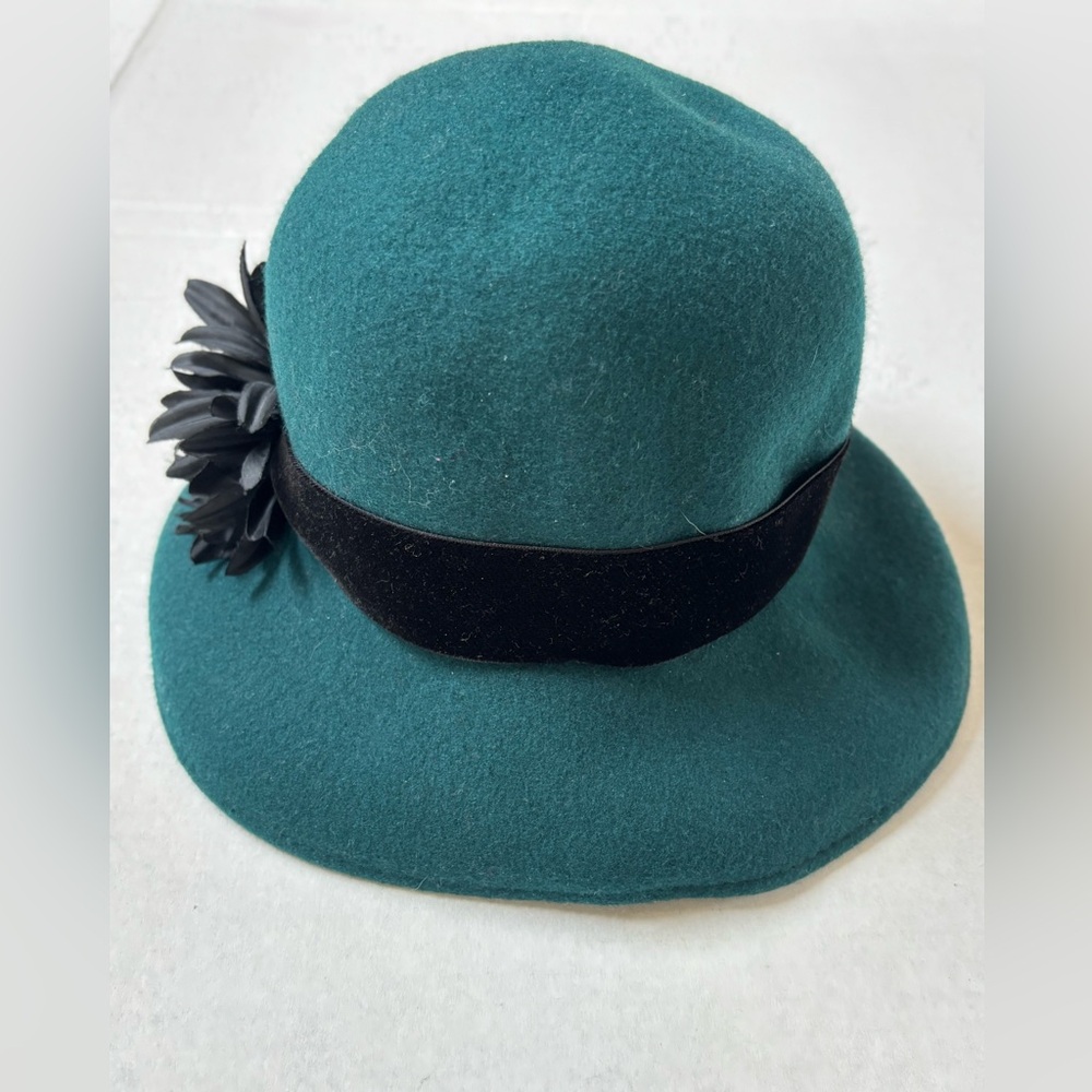 Cloche Teal Hat with Velvet Black Band and Flower Made in Italy